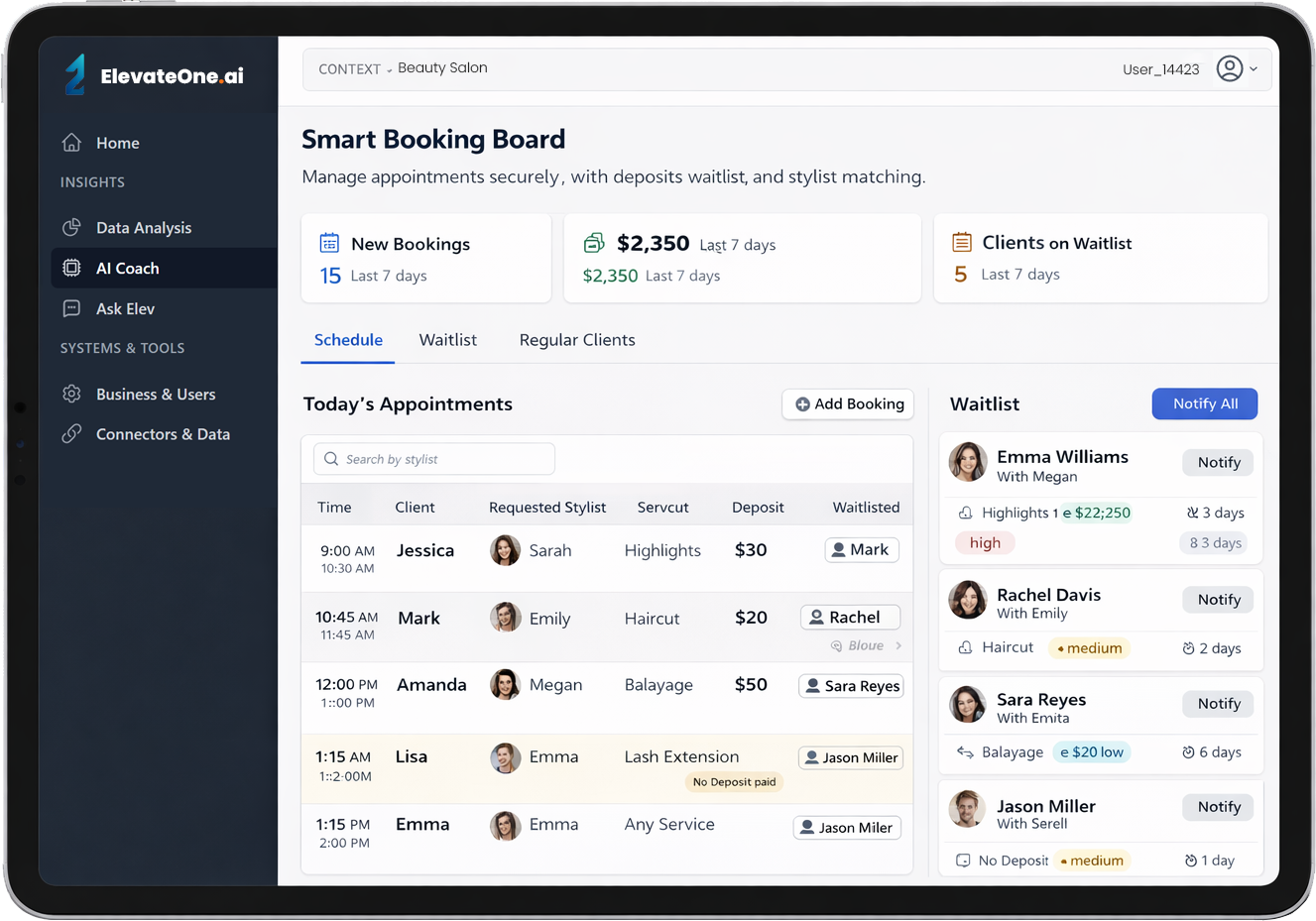 Salon HQ dashboard